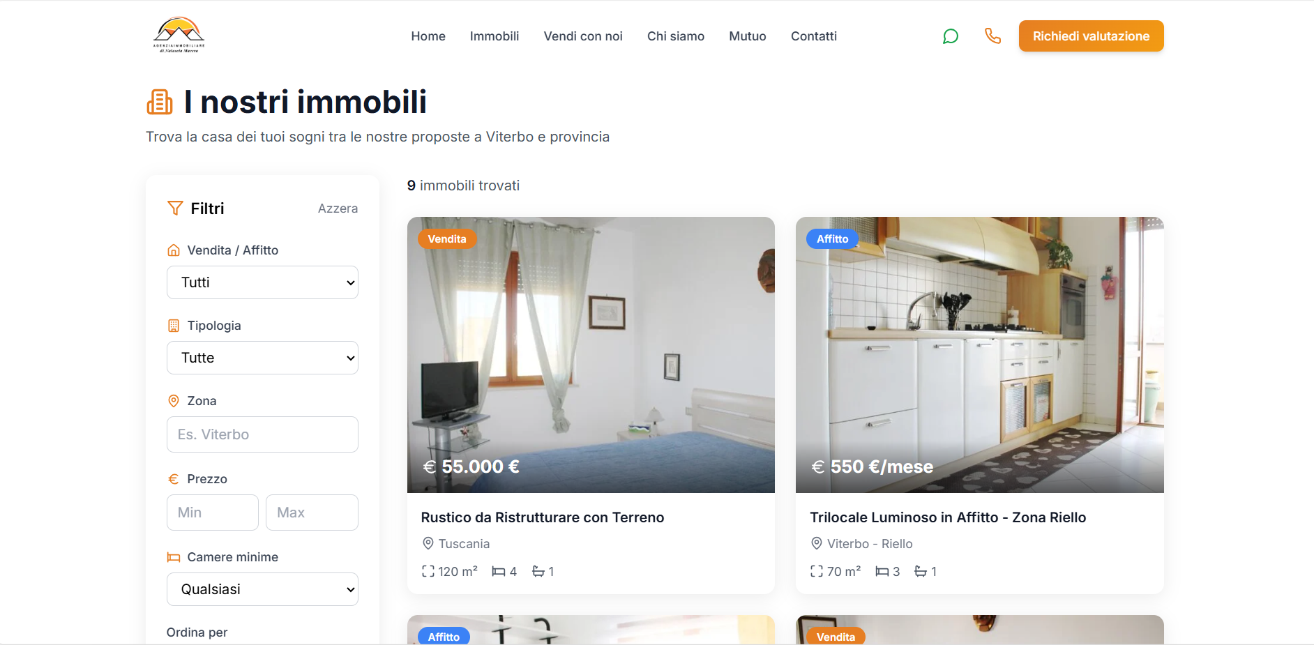 Screenshot sito Macera Immobiliare - Sezione servizi